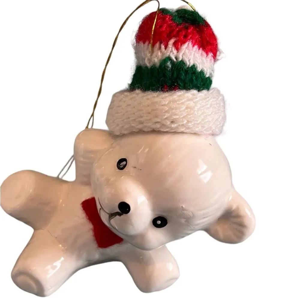 Vintage Teddy Bear Ceramic Ornaments Set of 3 Christmas Stocking Hate Red Green